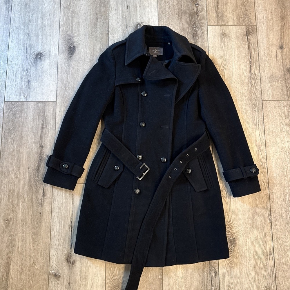 Cole Haan Women's Black Slick Belted Long Heavy Pea Coat Size 10 Wool